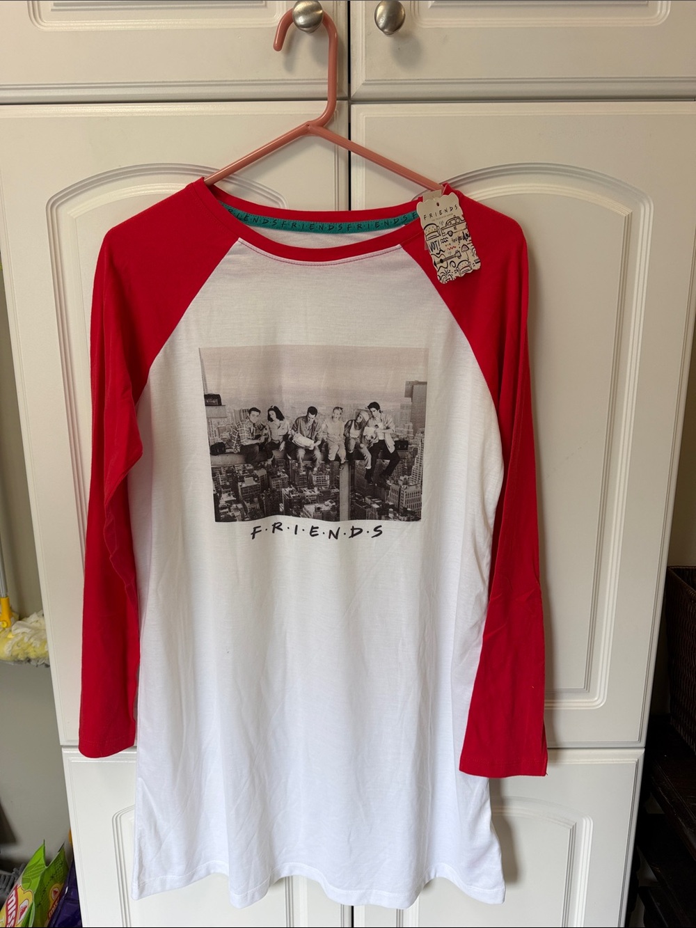 FRIENDS size small White Body Red  Long Sleeve Tee nightshirt.